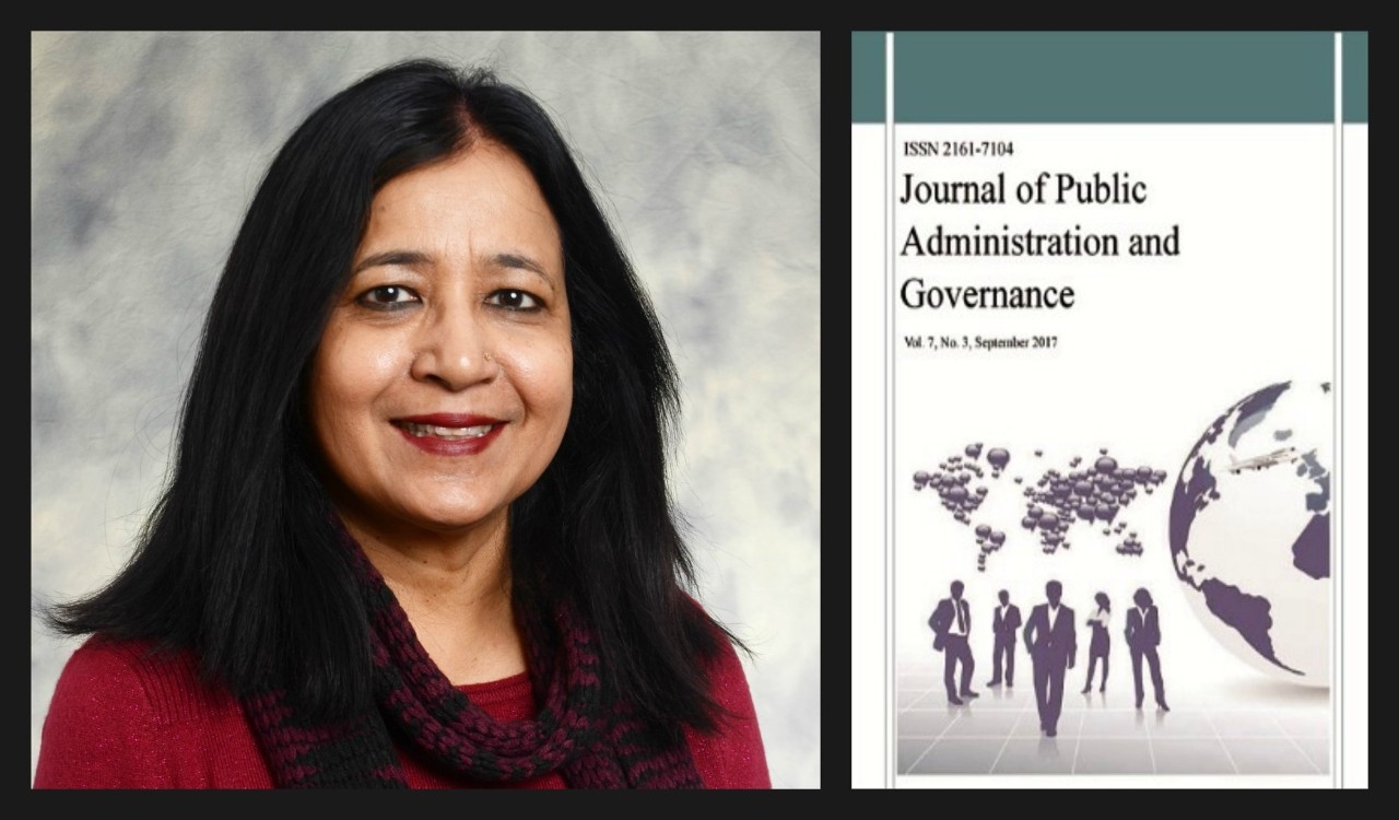 Shamima Ahmed headshot and cover of Journal of Public Administration and Governance